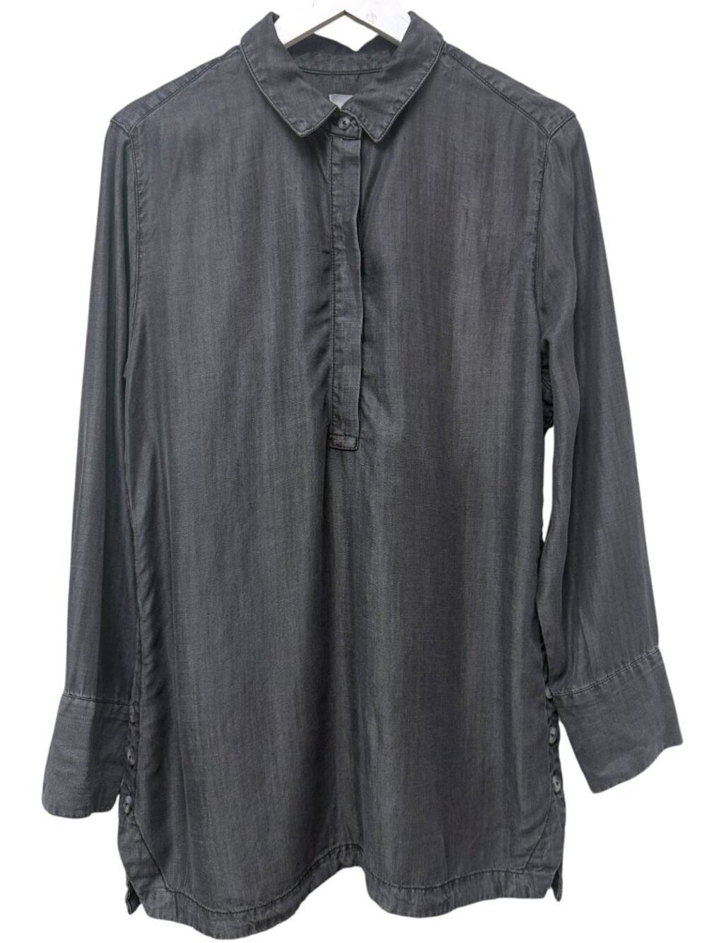 CHICOS Womens Gray Chambray Pullover Shirt XL Tencel Lyocell Denim Look Tunic